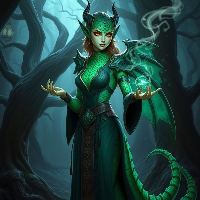 A female dragonborn Warlock with emerald green scales adorned with an iridescent pattern running along her arms and spine