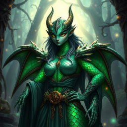 A fierce dragonborn warlock female character with stunning emerald green scales, featuring an iridescent pattern that glimmers under the light