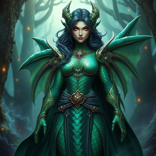 A fierce dragonborn warlock female character with stunning emerald green scales, featuring an iridescent pattern that glimmers under the light