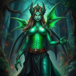 A fierce dragonborn warlock female character with stunning emerald green scales, featuring an iridescent pattern that glimmers under the light