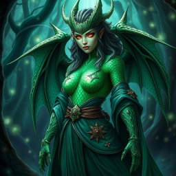 A fierce dragonborn warlock female character with stunning emerald green scales, featuring an iridescent pattern that glimmers under the light