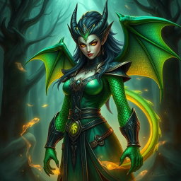 A powerful dragonborn female warlock with magnificent emerald green scales that shine with an iridescent pattern along her arms and spine