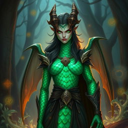 A powerful dragonborn female warlock with magnificent emerald green scales that shine with an iridescent pattern along her arms and spine