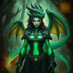 A powerful dragonborn female warlock with magnificent emerald green scales that shine with an iridescent pattern along her arms and spine