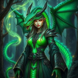 A powerful dragonborn female warlock with magnificent emerald green scales that shine with an iridescent pattern along her arms and spine