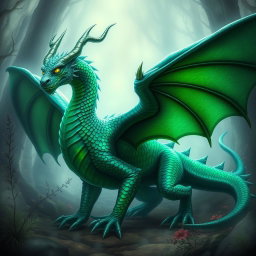 A majestic warlock dragon featuring emerald green scales that shimmer and shine with an iridescent pattern along its arms and spine