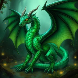 A majestic warlock dragon featuring emerald green scales that shimmer and shine with an iridescent pattern along its arms and spine