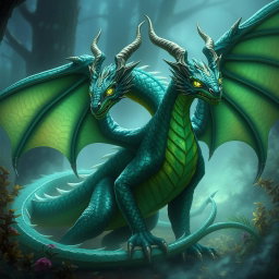 A majestic warlock dragon featuring emerald green scales that shimmer and shine with an iridescent pattern along its arms and spine