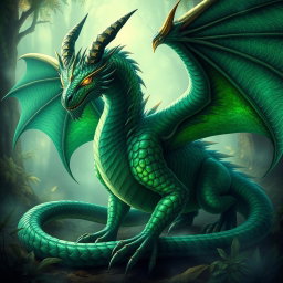 A majestic warlock dragon featuring emerald green scales that shimmer and shine with an iridescent pattern along its arms and spine