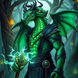 A powerful dragonborn warlock, featured prominently with striking emerald green scales that shimmer with an iridescent pattern across his arms and spine