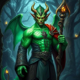 A powerful dragonborn warlock, featured prominently with striking emerald green scales that shimmer with an iridescent pattern across his arms and spine