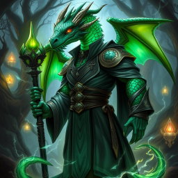 A powerful dragonborn warlock, featured prominently with striking emerald green scales that shimmer with an iridescent pattern across his arms and spine