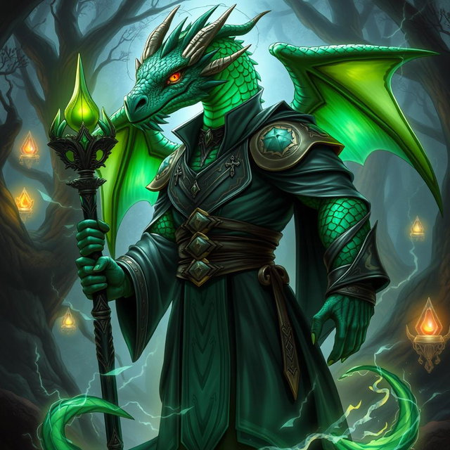 A powerful dragonborn warlock, featured prominently with striking emerald green scales that shimmer with an iridescent pattern across his arms and spine