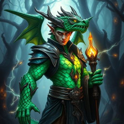 A powerful dragonborn warlock, featured prominently with striking emerald green scales that shimmer with an iridescent pattern across his arms and spine