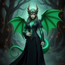 A powerful female dragonborn warlock with stunning emerald green scales, adorned with an iridescent pattern decorating her arms and spine