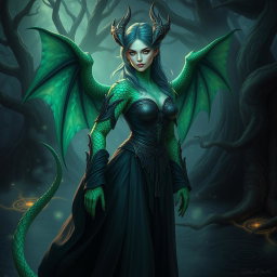 A powerful female dragonborn warlock with stunning emerald green scales, adorned with an iridescent pattern decorating her arms and spine