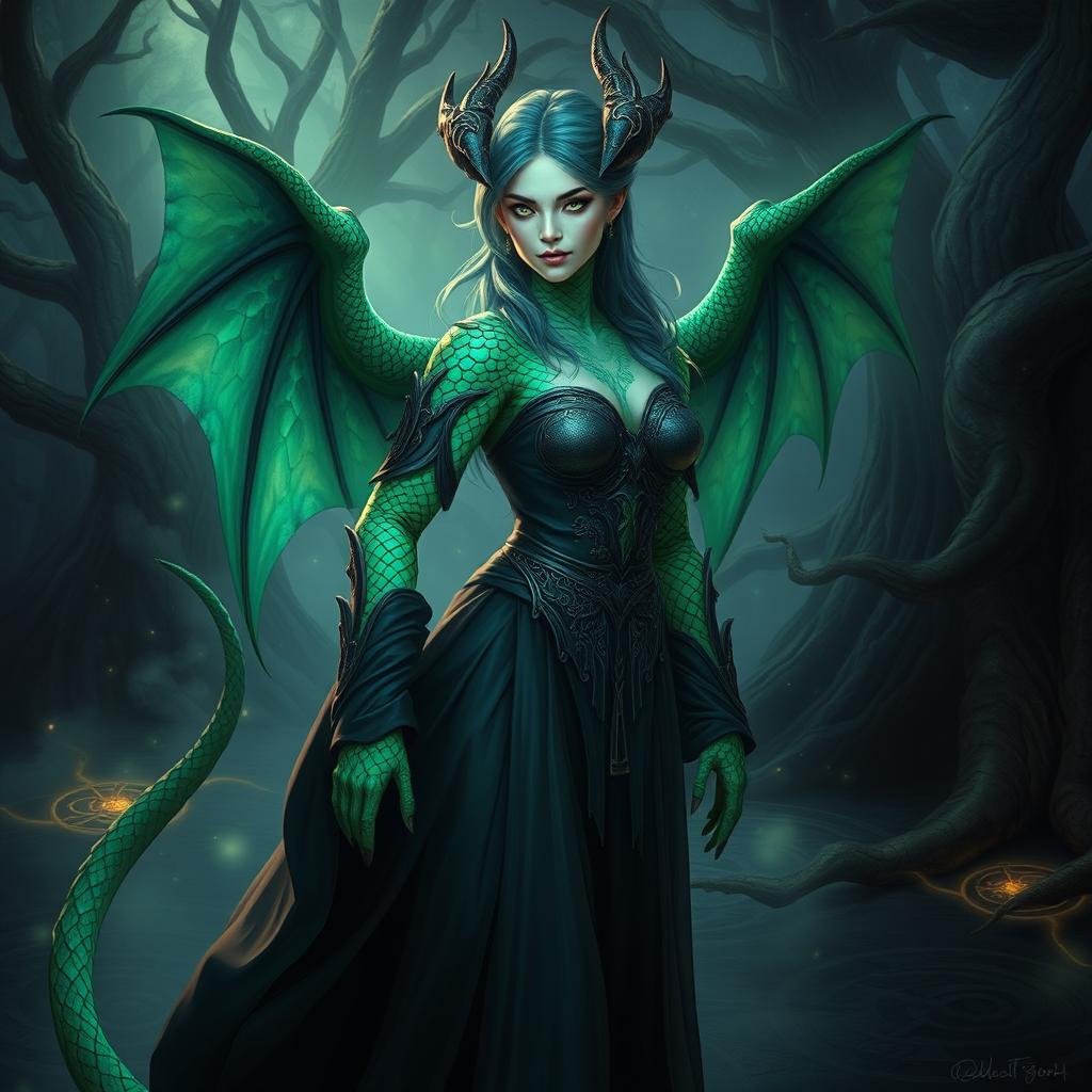 A powerful female dragonborn warlock with stunning emerald green scales, adorned with an iridescent pattern decorating her arms and spine