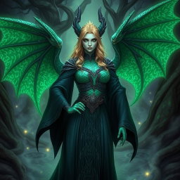 A powerful female dragonborn warlock with stunning emerald green scales, adorned with an iridescent pattern decorating her arms and spine