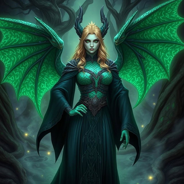 A powerful female dragonborn warlock with stunning emerald green scales, adorned with an iridescent pattern decorating her arms and spine