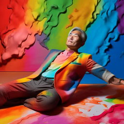 A 50-year-old Asian male model, adorned in full rainbow conceptwear, reclining gracefully atop a canvas painted with vibrant splashes of colour.