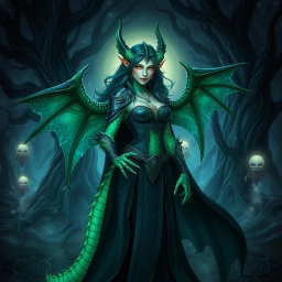 A powerful female dragonborn warlock with stunning emerald green scales, adorned with an iridescent pattern decorating her arms and spine