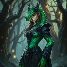 A striking female dragonborn warlock with emerald green scales displaying an iridescent pattern along her arms and spine
