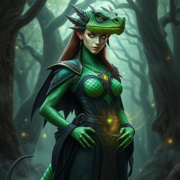 A striking female dragonborn warlock with emerald green scales displaying an iridescent pattern along her arms and spine