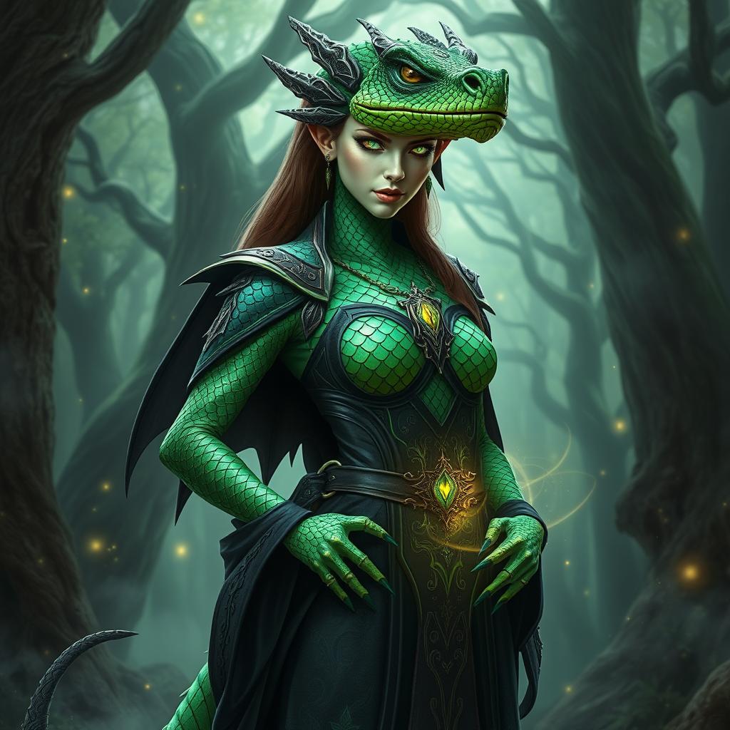 A striking female dragonborn warlock with emerald green scales displaying an iridescent pattern along her arms and spine