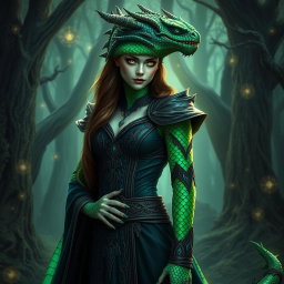 A striking female dragonborn warlock with emerald green scales displaying an iridescent pattern along her arms and spine