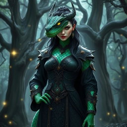 A striking female dragonborn warlock with emerald green scales displaying an iridescent pattern along her arms and spine
