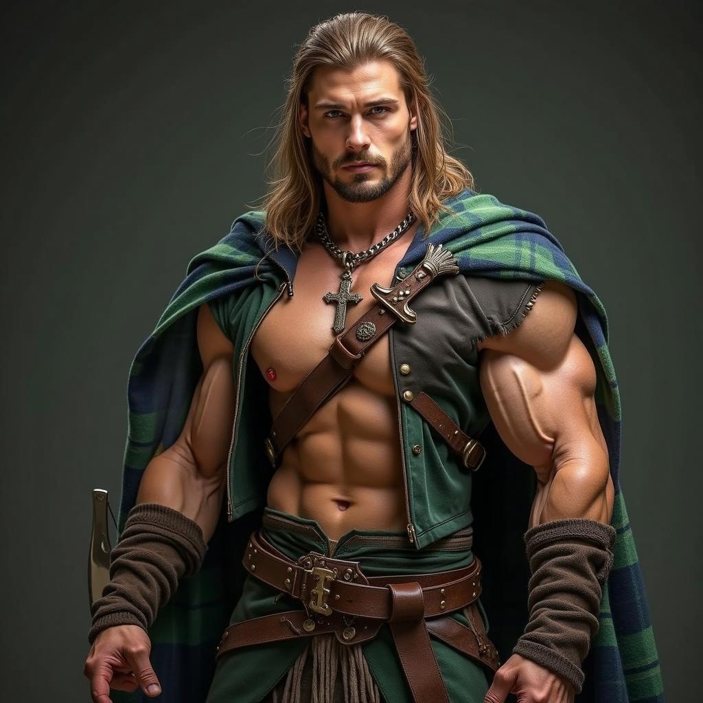 A brawny young handsome Scottish Highlander man with a slightly longer leather vest that fits comfortably over his torso