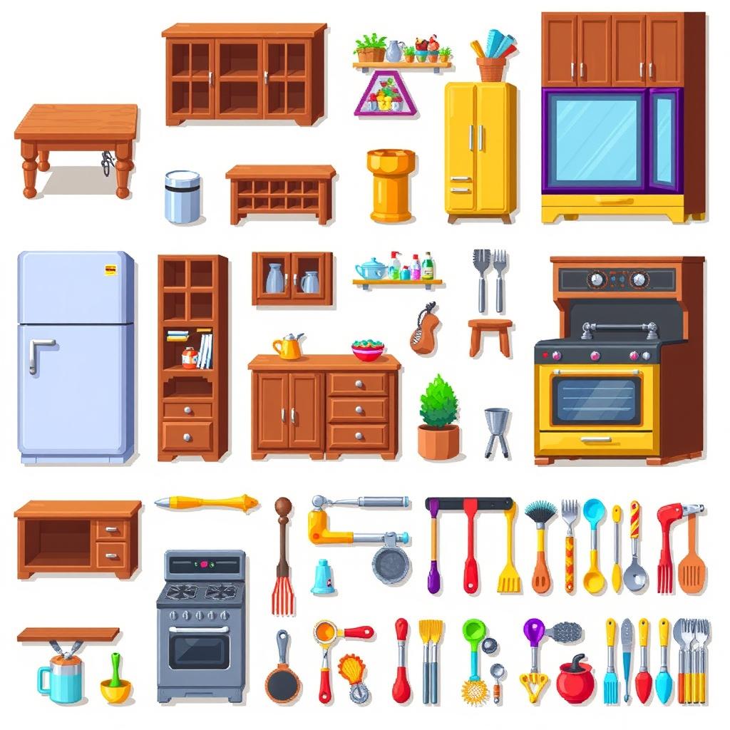 A vibrant pixel art spritesheet featuring various kitchen furniture elements, including a classic wooden kitchen table, sleek modern cabinets, a retro refrigerator, a vintage stove, and colorful utensils