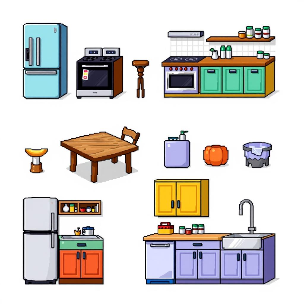 A detailed pixel art spritesheet featuring various kitchen furniture including a stylish refrigerator, a modern stove, a rustic wooden kitchen table, a set of colorful cabinets, and a sleek sink