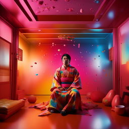 Japanese man adorned in classic Japanese attire, poised within a room splattered with bold, futuristic rainbow hues. Light, bright colour palette and meticulous detail in a retro, epic setup mirroring Mario Testino's photography aesthetic.
