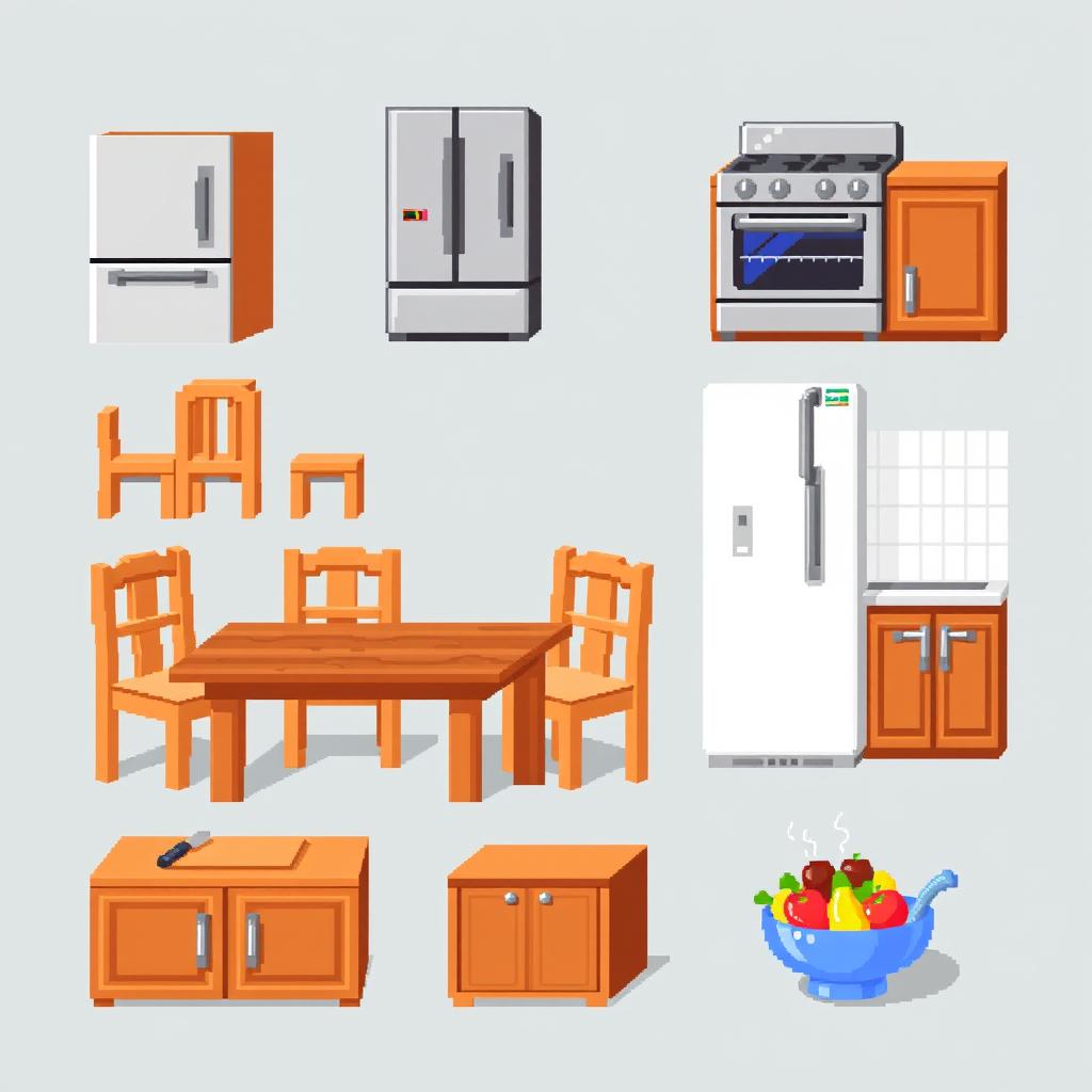 A pixel art spritesheet featuring various kitchen furniture items, including a wooden table with four chairs, a sleek modern refrigerator, a classic oven with knobs, a sink with a faucet, wooden cabinets with handles, a countertop with a cutting board and knife, and a colorful fruit bowl