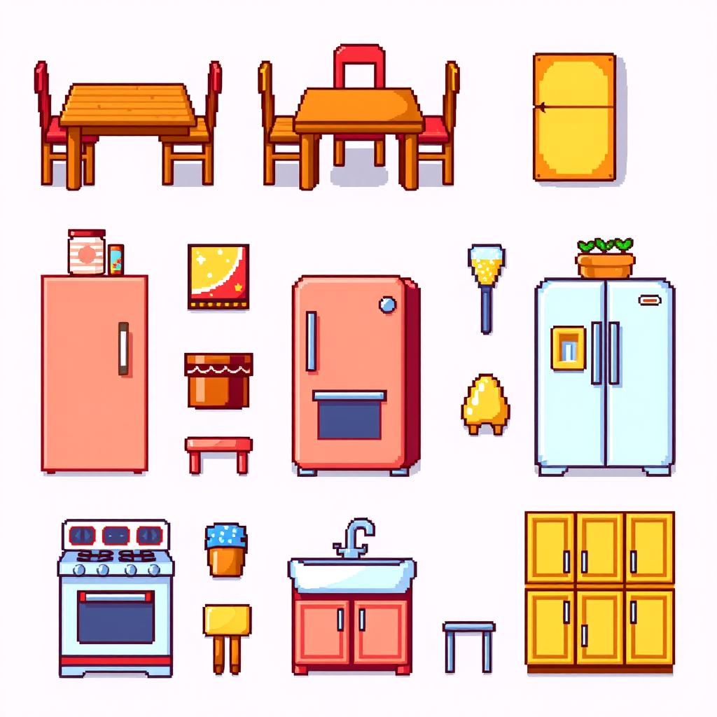 A vibrant pixel art spritesheet showcasing various kitchen furniture items