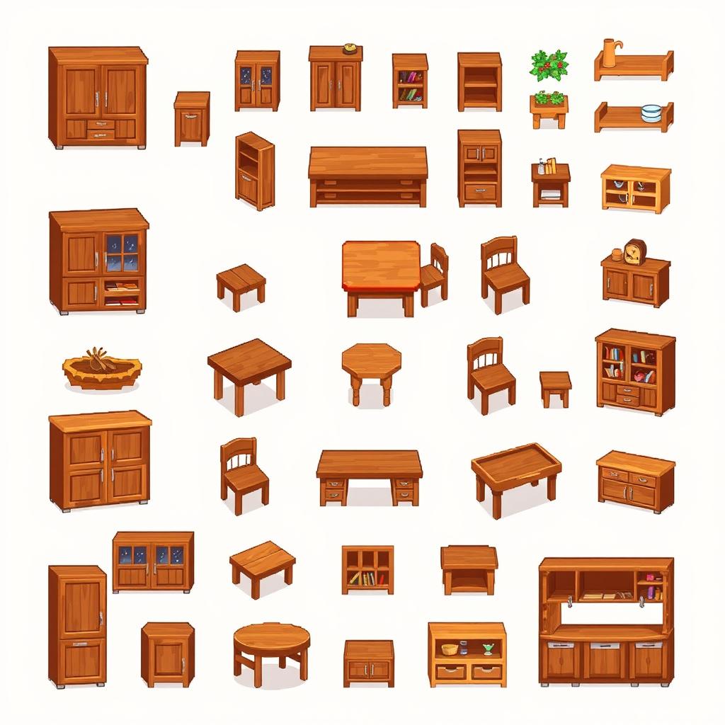 A pixel art spritesheet featuring various wooden kitchen furniture, including cabinets, tables, chairs, and shelves