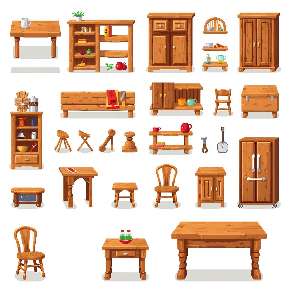 A pixel art spritesheet showcasing various wooden kitchen furniture