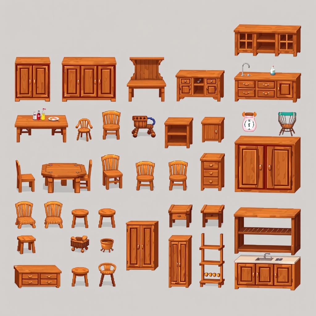 A pixel art spritesheet featuring a variety of kitchen furniture made of wood