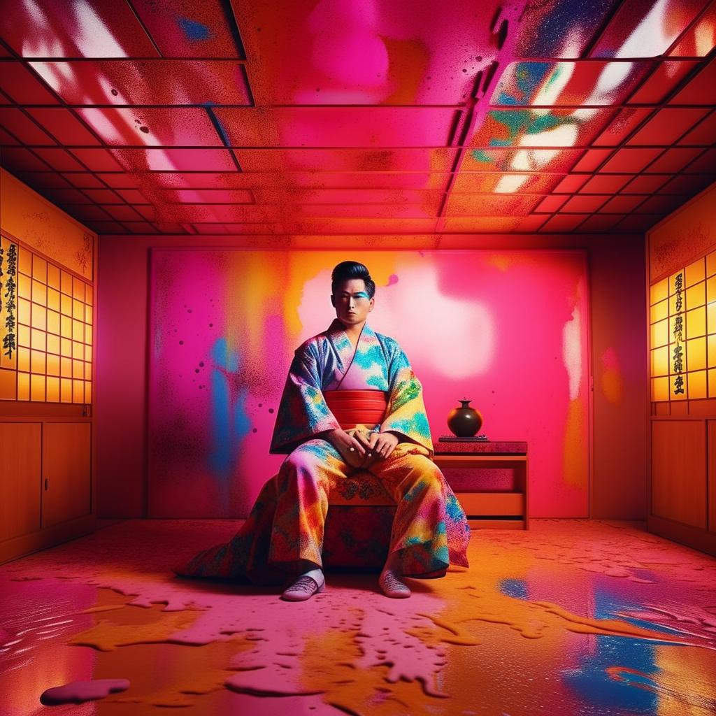 Japanese man adorned in classic Japanese attire, poised within a room splattered with bold, futuristic rainbow hues. Light, bright colour palette and meticulous detail in a retro, epic setup mirroring Mario Testino's photography aesthetic.