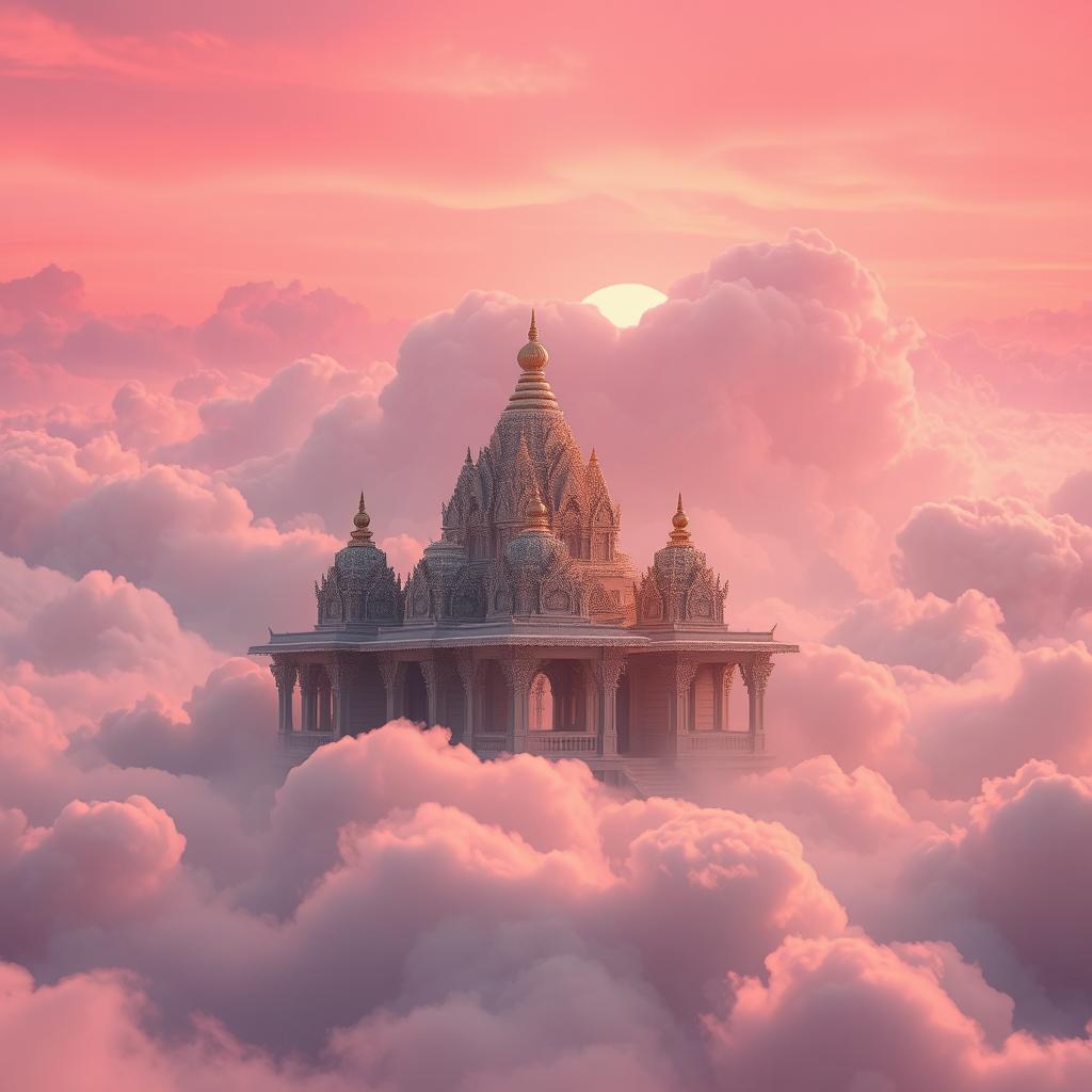 A serene and mesmerizing temple situated amidst fluffy pink clouds, illuminated by a warm golden sunlight