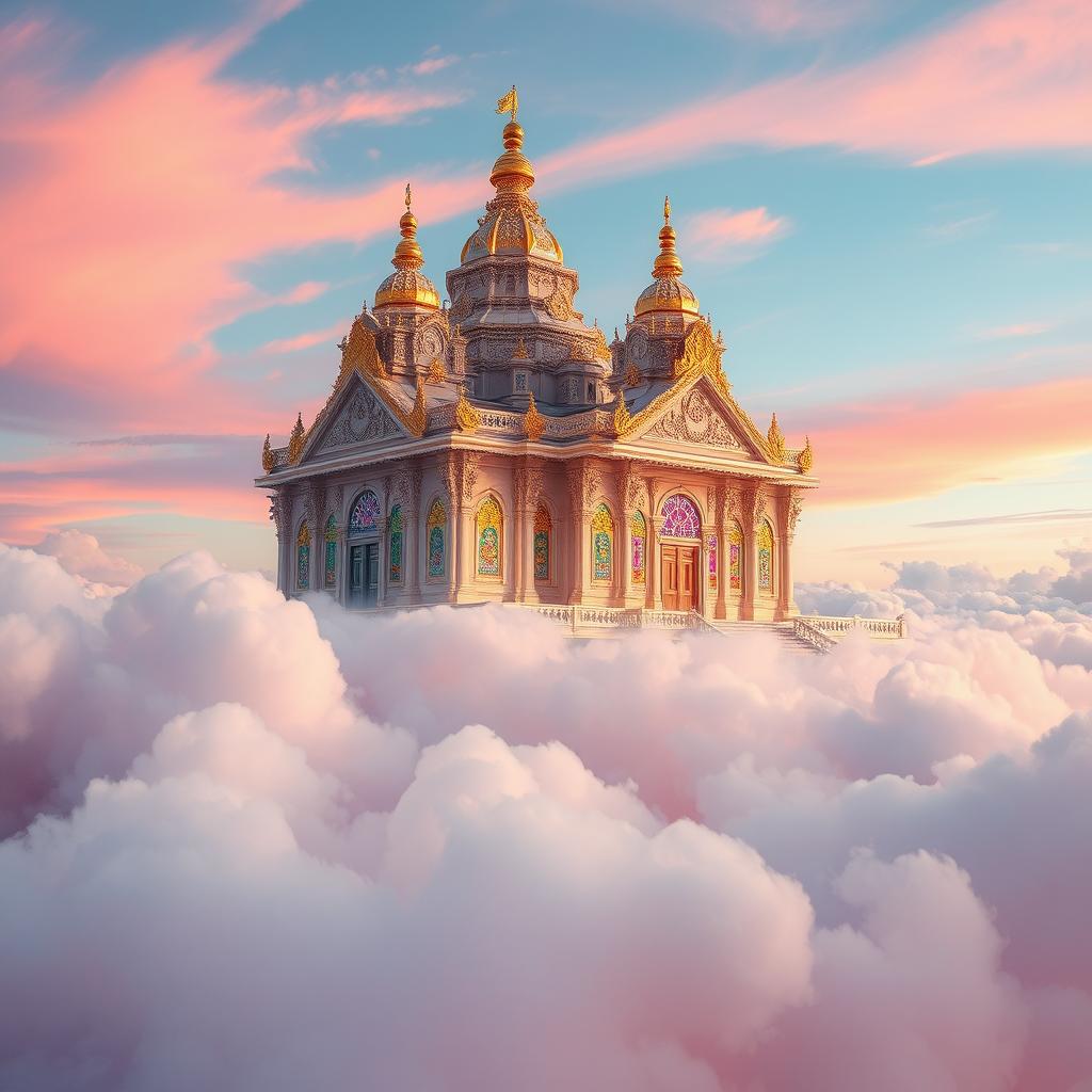 A magnificent temple perched on billowing pink clouds, surrounded by a serene sky filled with pastel-colored hues