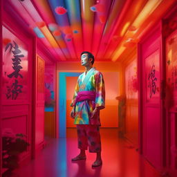 Japanese man adorned in classic Japanese attire, poised within a room splattered with bold, futuristic rainbow hues. Light, bright colour palette and meticulous detail in a retro, epic setup mirroring Mario Testino's photography aesthetic.