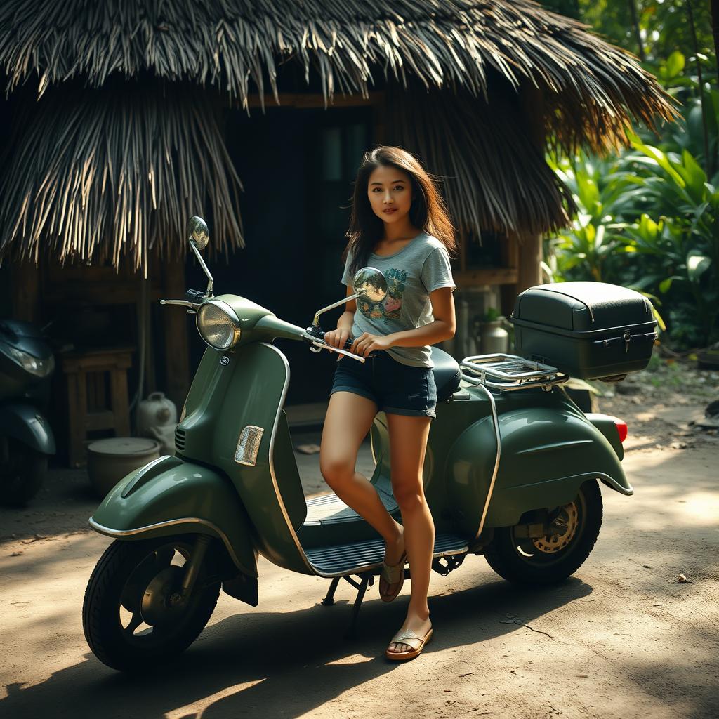 A beautiful Vietnamese girl stands gracefully next to her old and battered army green Vespa sidecar scooter, parked outside a rustic grass hut in the enchanting jungle of Vietnam