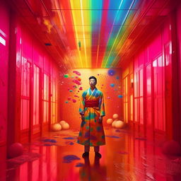 Japanese man adorned in classic Japanese attire, poised within a room splattered with bold, futuristic rainbow hues. Light, bright colour palette and meticulous detail in a retro, epic setup mirroring Mario Testino's photography aesthetic.