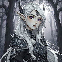 A stunning anime greyscale illustration of a female Kaldorei (Night Elf) character, showcasing her ethereal beauty and enchanting features