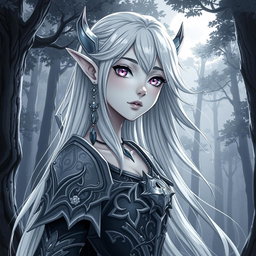 A stunning anime greyscale illustration of a female Kaldorei (Night Elf) character, showcasing her ethereal beauty and enchanting features