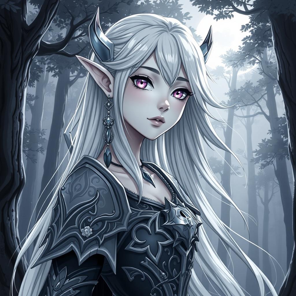 A stunning anime greyscale illustration of a female Kaldorei (Night Elf) character, showcasing her ethereal beauty and enchanting features