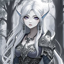 A stunning anime greyscale illustration of a female Kaldorei (Night Elf) character, showcasing her ethereal beauty and enchanting features