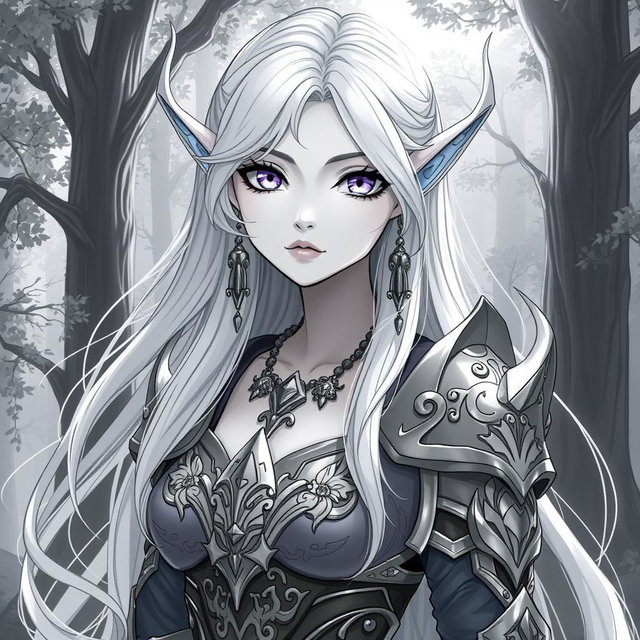 A stunning anime greyscale illustration of a female Kaldorei (Night Elf) character, showcasing her ethereal beauty and enchanting features